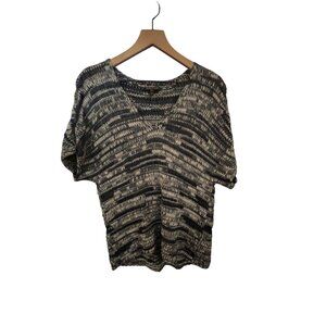 Eileen Fisher Womens Medium Knit Top Black/White Cotton & Viscose Blend Short Sl